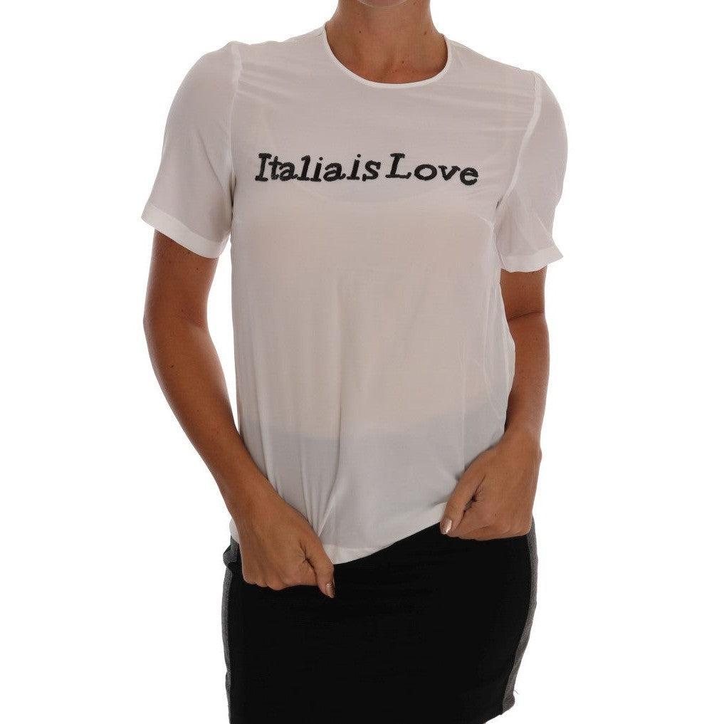 Dolce &amp; Gabbana Silk Sequined &#39;Italia Is Love&#39; White Blouse