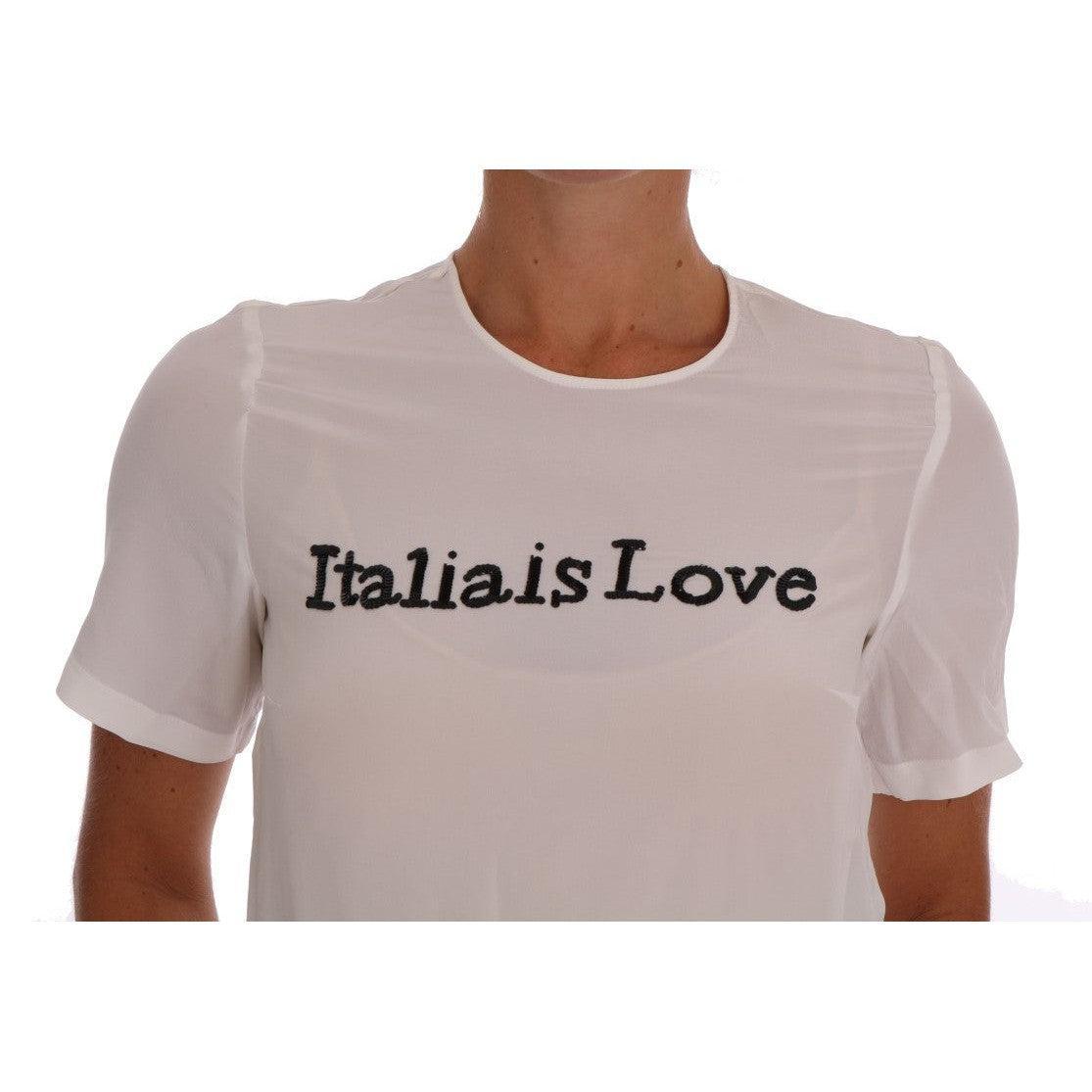 Dolce &amp; Gabbana Silk Sequined &#39;Italia Is Love&#39; White Blouse