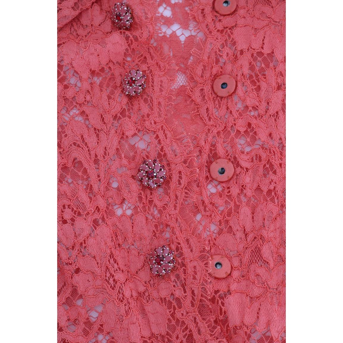 Dolce &amp; Gabbana Elegant Orange Floral Lace Crystal Cardigan Blouse