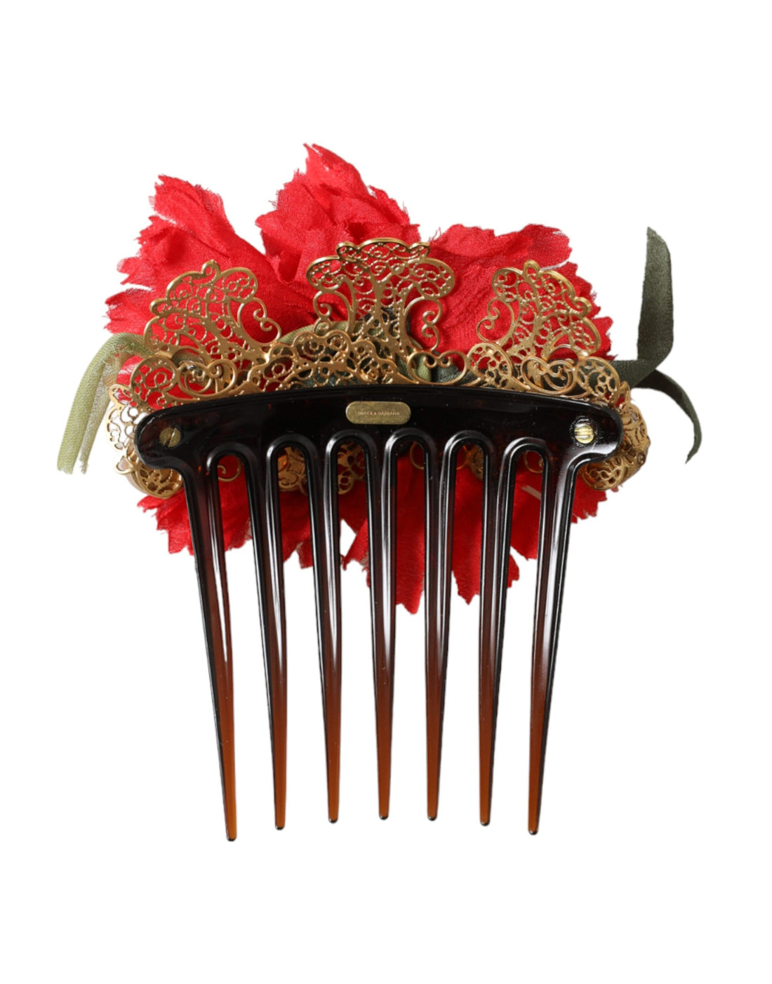 Dolce & Gabbana Red Silk Floral Gold Brass Women Hair Comb