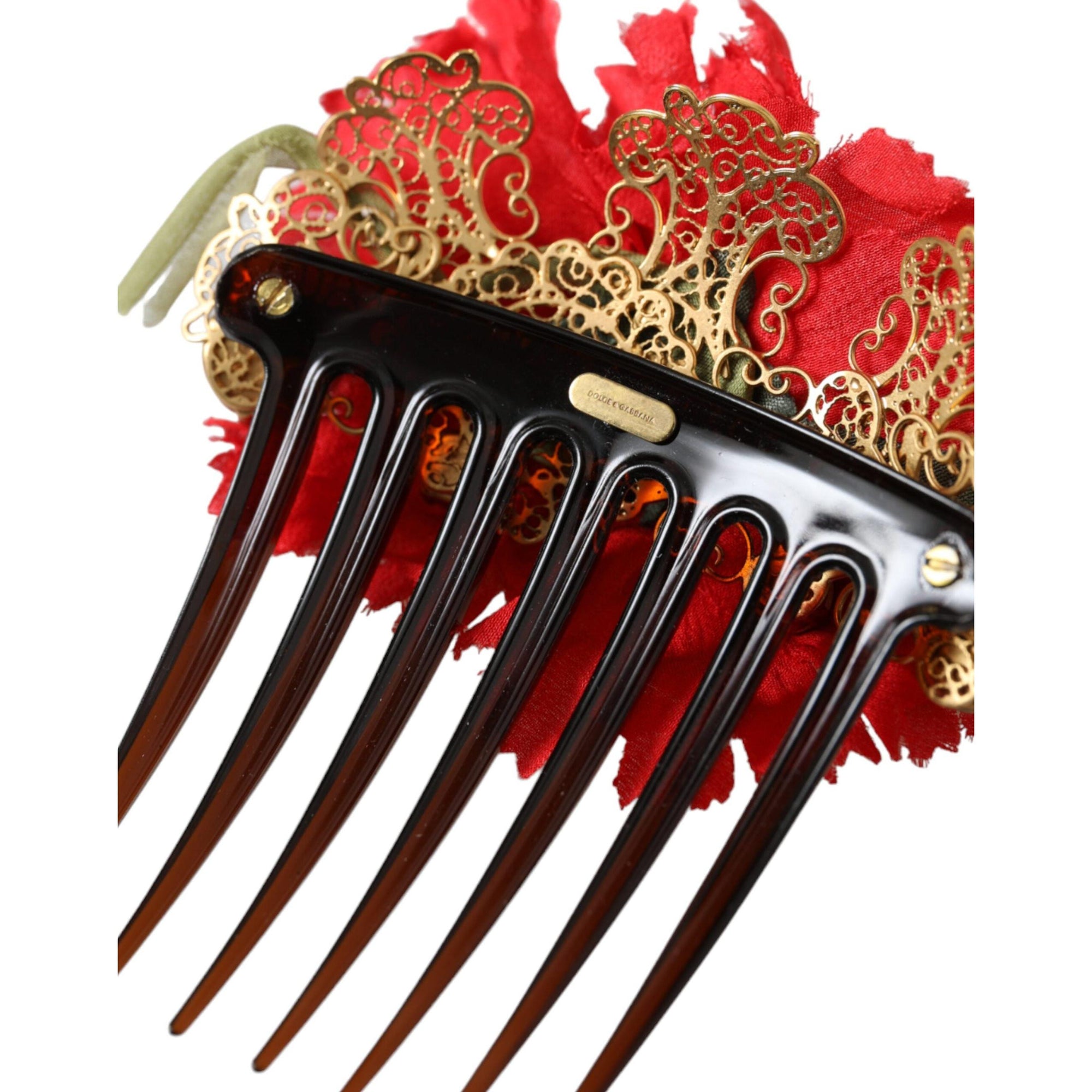 Dolce &amp; Gabbana Red Silk Floral Gold Brass Women Hair Comb