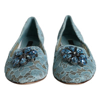 Dolce & Gabbana Blue Lace Crystal Ballet Flats Loafers Shoes