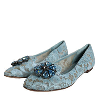 Dolce & Gabbana Blue Lace Crystal Ballet Flats Loafers Shoes