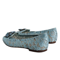 Dolce & Gabbana Blue Lace Crystal Ballet Flats Loafers Shoes