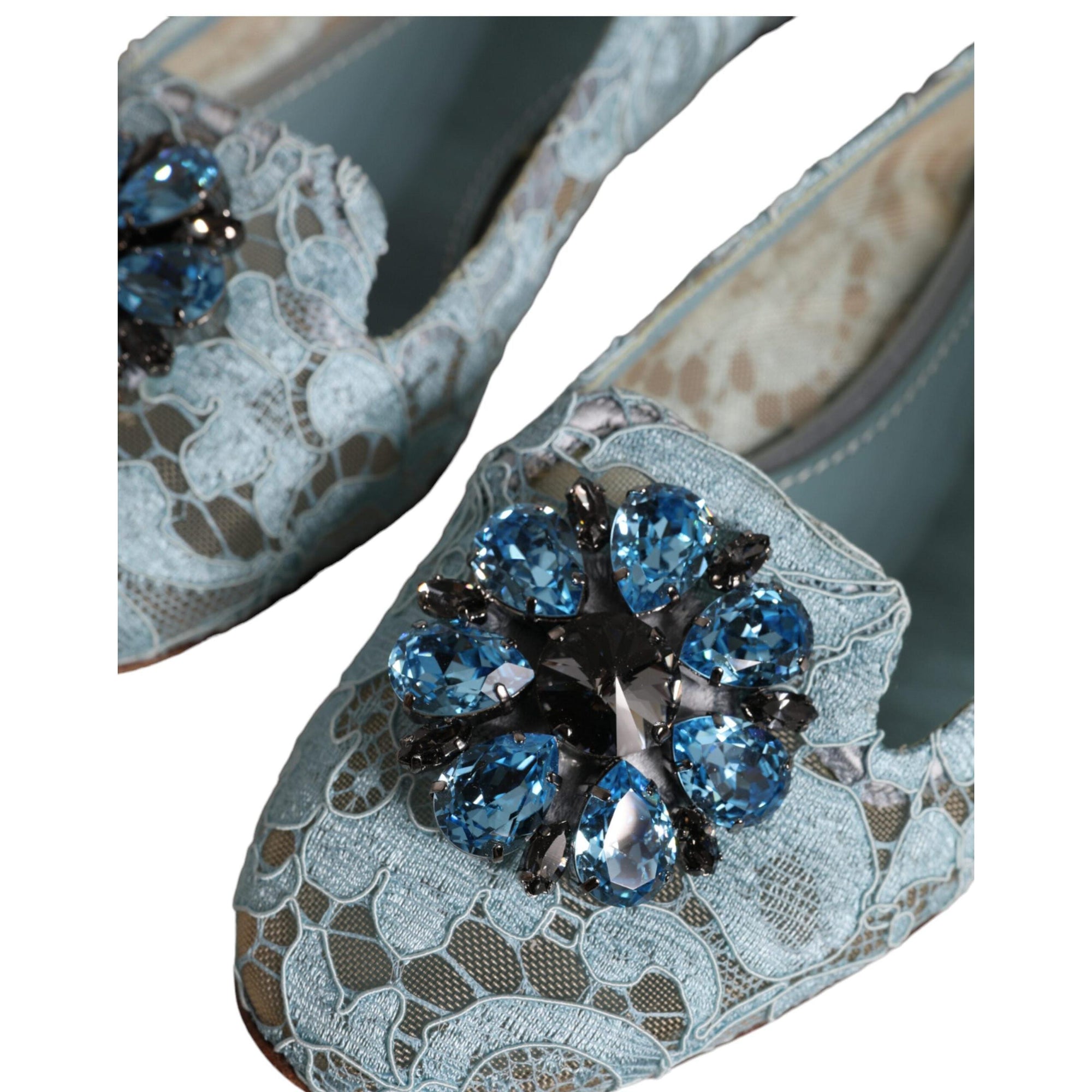 Dolce &amp; Gabbana Blue Lace Crystal Ballet Flats Loafers Shoes