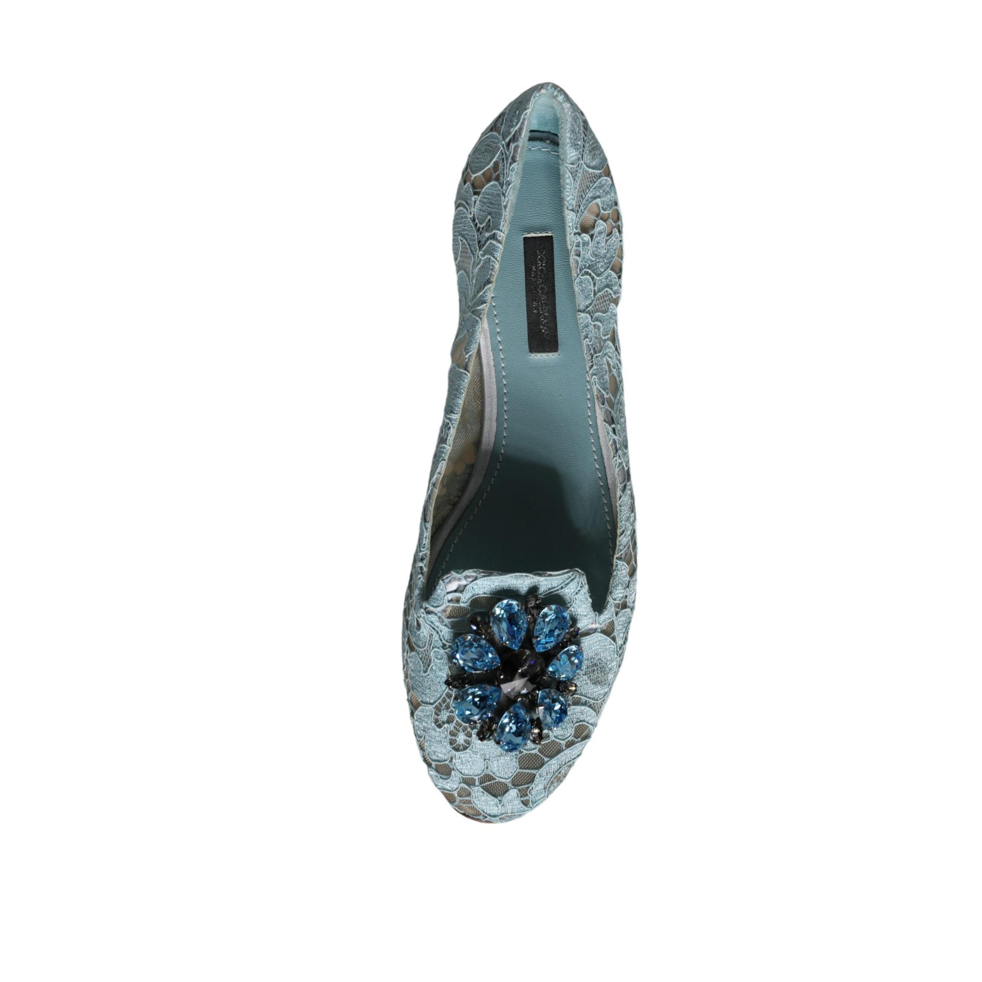 Dolce &amp; Gabbana Blue Lace Crystal Ballet Flats Loafers Shoes