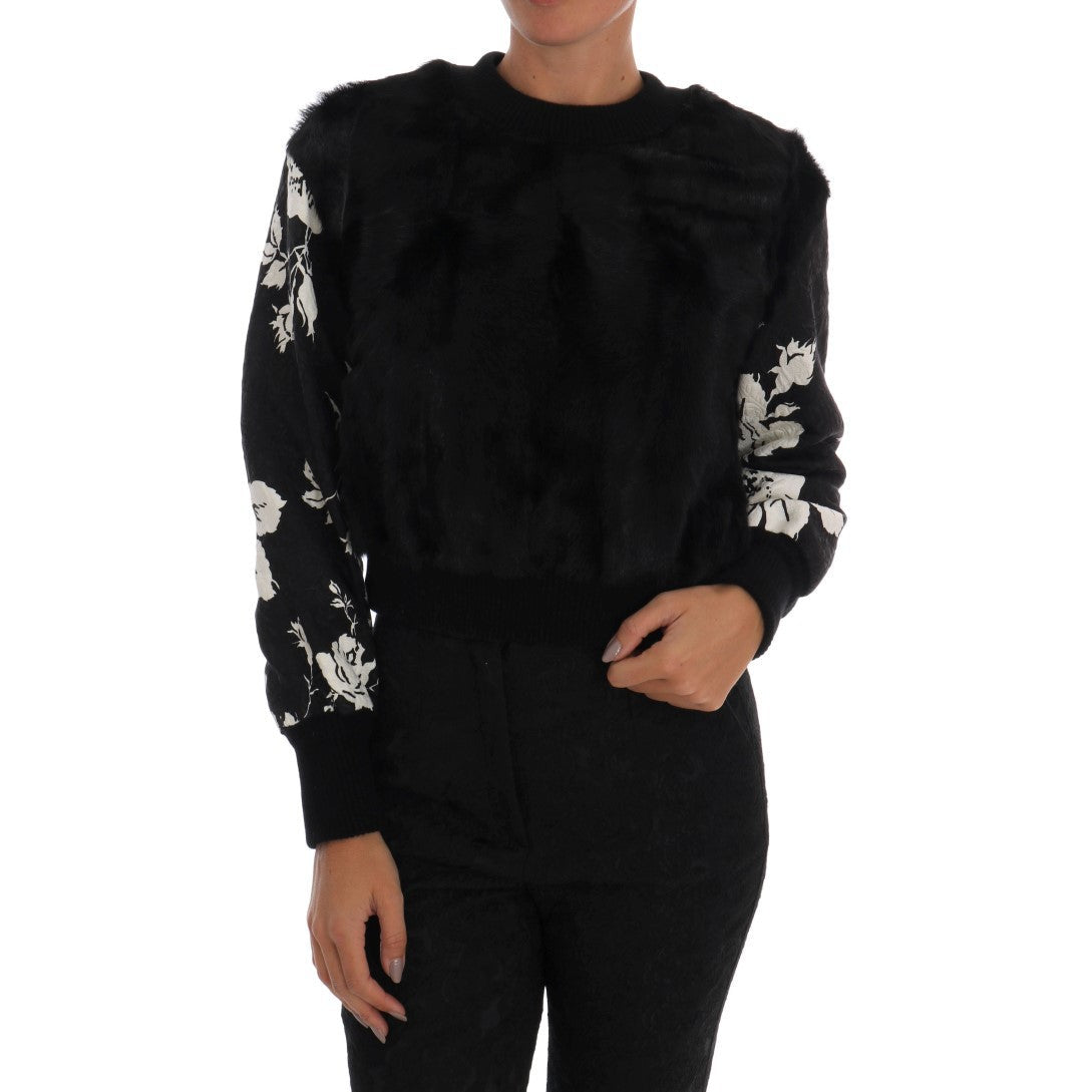 Dolce & Gabbana Floral Brocade Black Fur Sweater