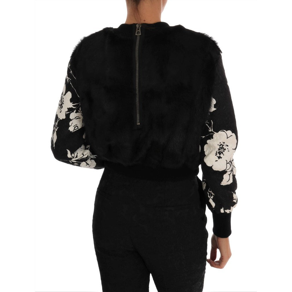 Dolce & Gabbana Floral Brocade Black Fur Sweater