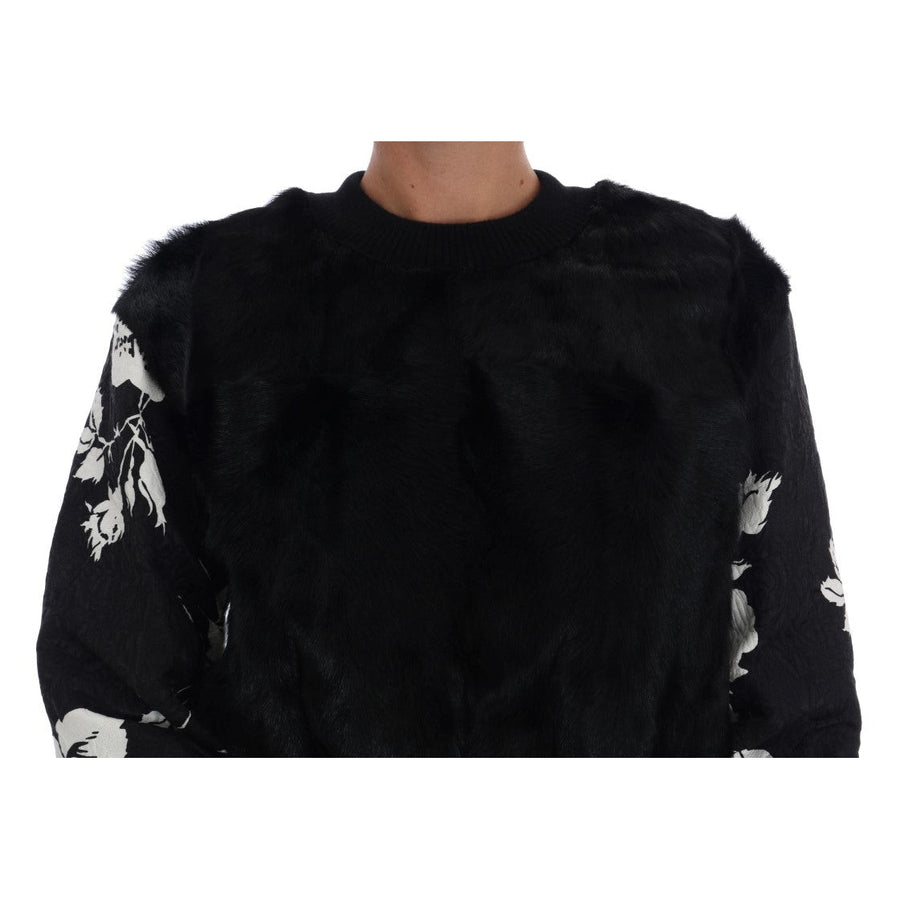 Dolce & Gabbana Floral Brocade Black Fur Sweater