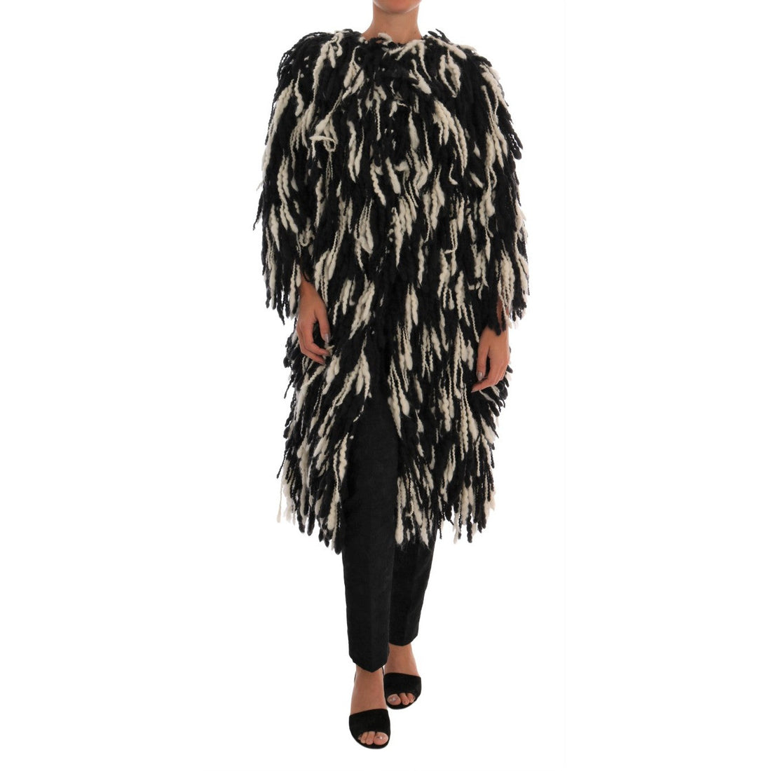 Dolce & Gabbana Black and White Fringed Wool Coat Jacket