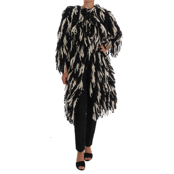 Dolce & Gabbana Black and White Fringed Wool Coat Jacket