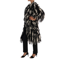 Dolce & Gabbana Black and White Fringed Wool Coat Jacket