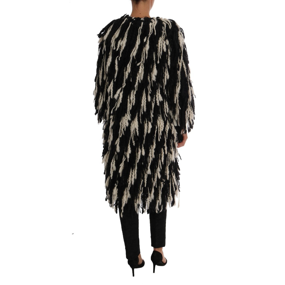 Dolce & Gabbana Black and White Fringed Wool Coat Jacket