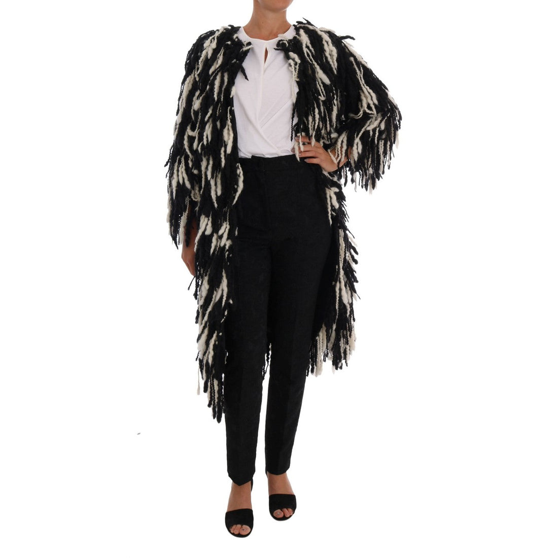 Dolce & Gabbana Black and White Fringed Wool Coat Jacket