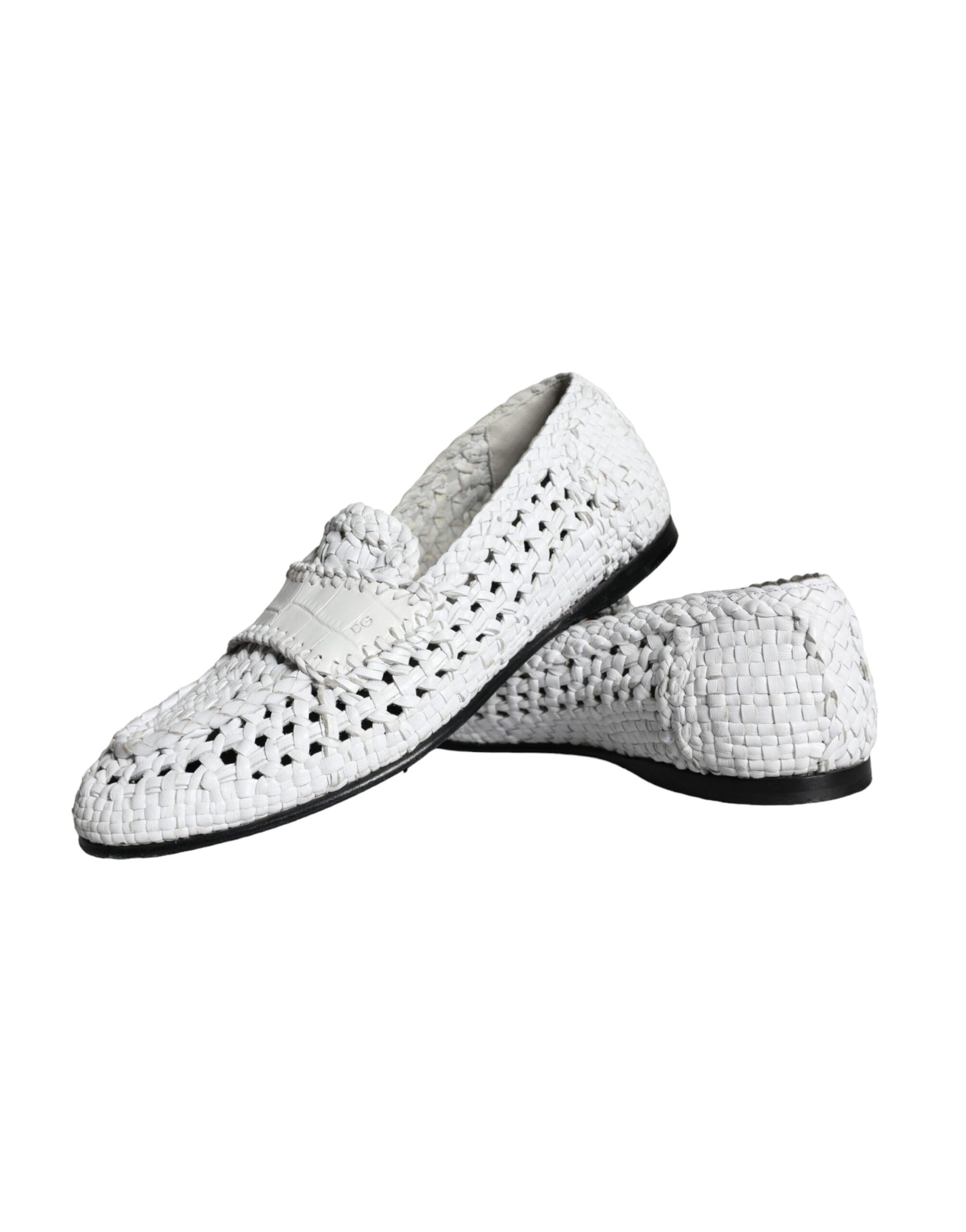 Dolce &amp; Gabbana White Woven Leather Slip On Loafers Men Shoes