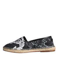 Dolce & Gabbana Black Floral Cotton Leather Espadrilles Shoes