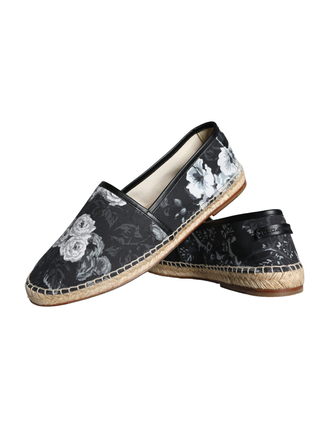 Dolce & Gabbana Black Floral Cotton Leather Espadrilles Shoes