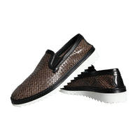 Dolce & Gabbana Brown Black Leather Weaved Men Loafers Shoes