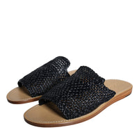 Dolce & Gabbana Black Monochrome Braided Raffia Slides Shoes