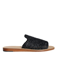 Dolce & Gabbana Black Monochrome Braided Raffia Slides Shoes