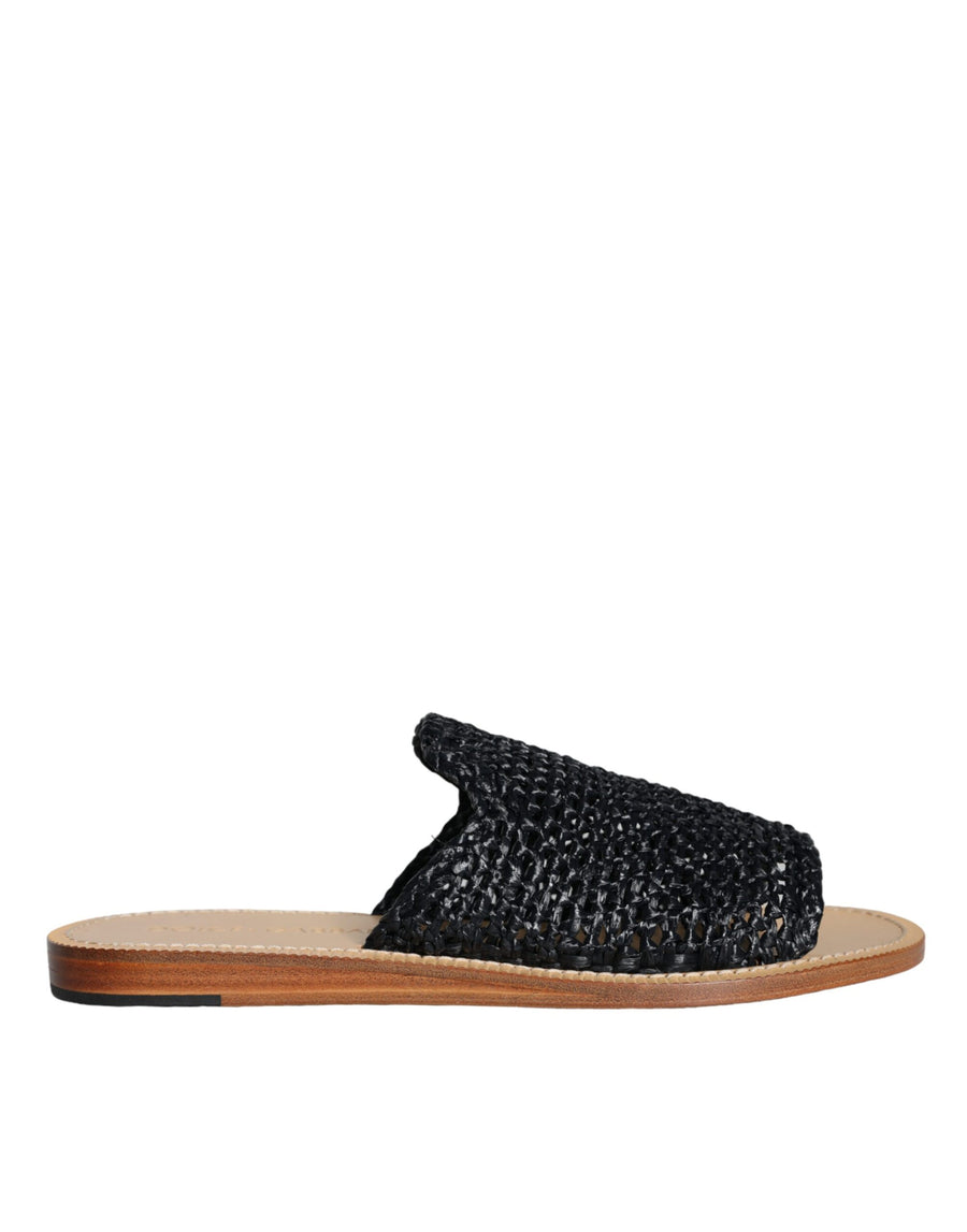 Dolce & Gabbana Black Monochrome Braided Raffia Slides Shoes