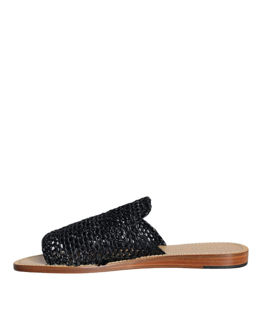 Dolce & Gabbana Black Monochrome Braided Raffia Slides Shoes