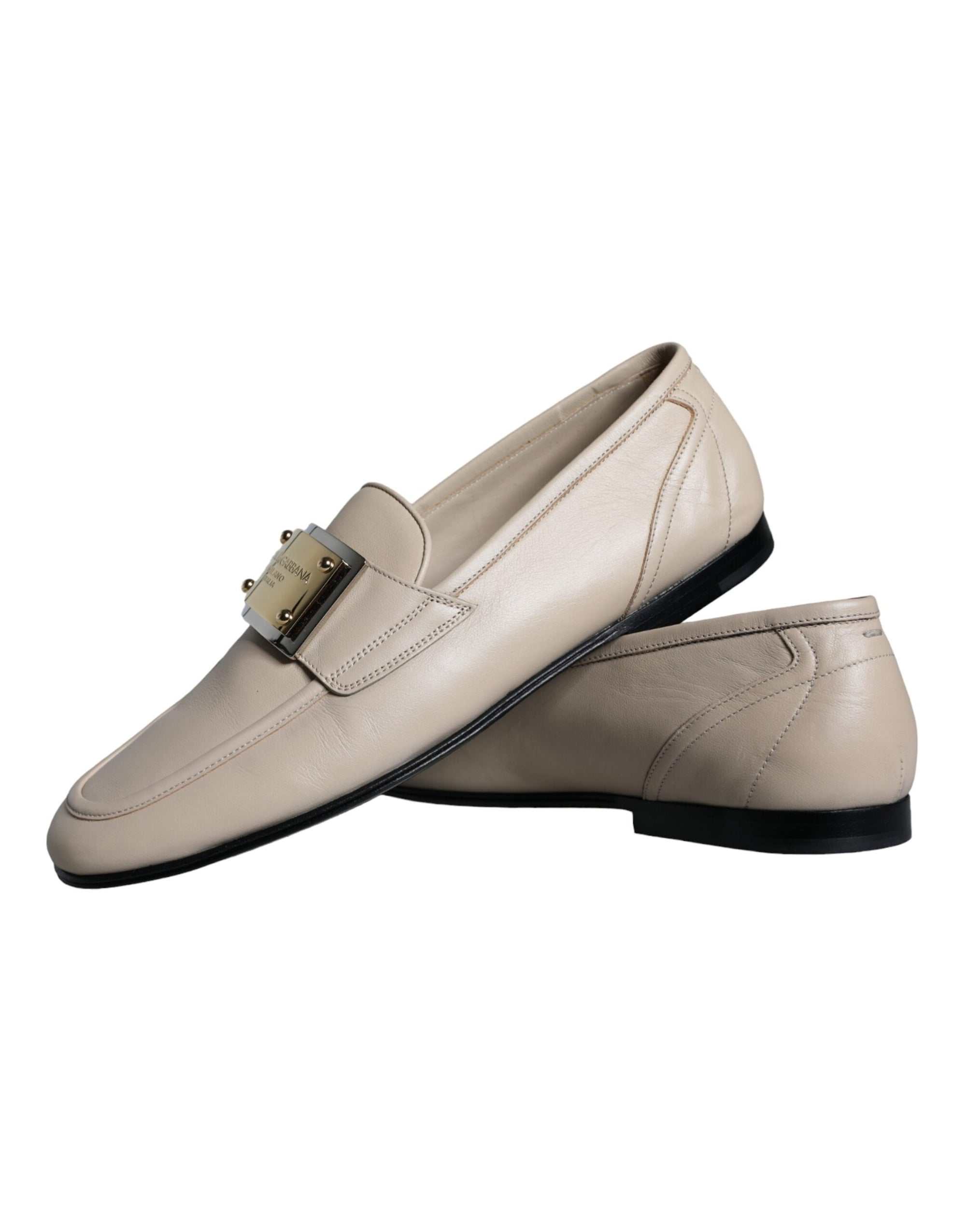 Dolce &amp; Gabbana Beige Leather Logo Plaque Slip On Men Loafers Shoes