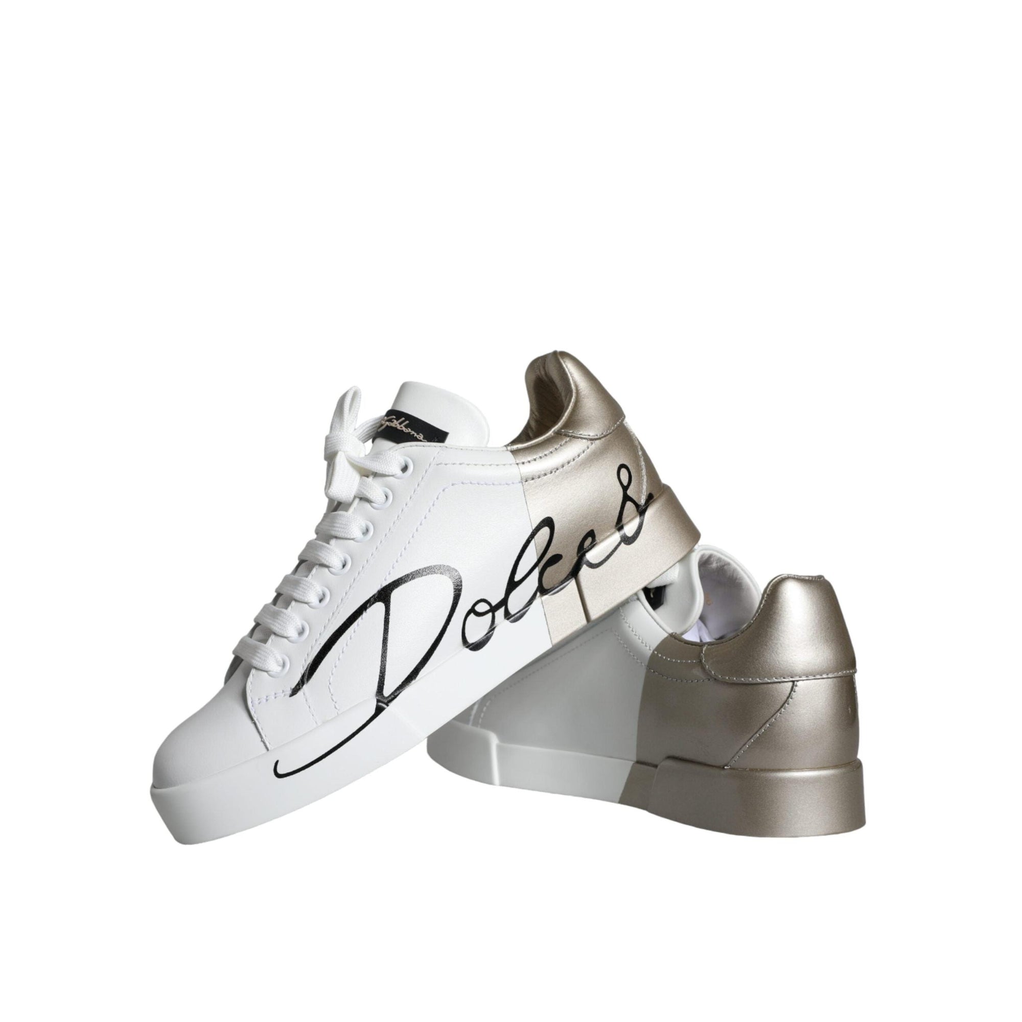 Dolce &amp; Gabbana White Gold Portofino Low Top Leather Sneakers Shoes