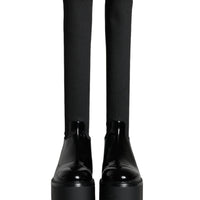 Dolce & Gabbana Black Leather Jersey Knee High Boots Shoes