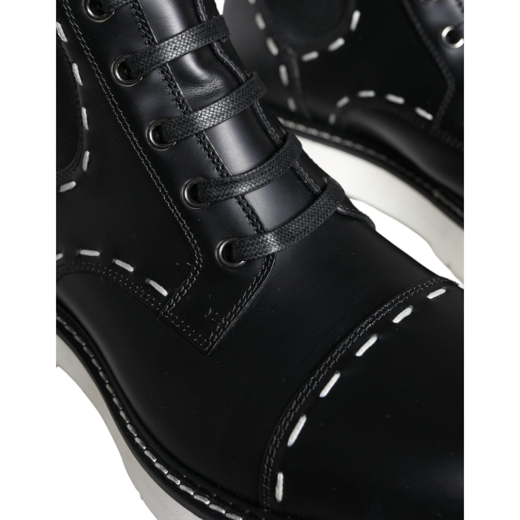 Dolce &amp; Gabbana Black Leather Combat Mid Calf Boots Shoes