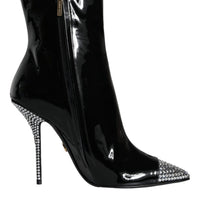 Dolce & Gabbana Black Patent Leather Crystal Heel Boots Shoes