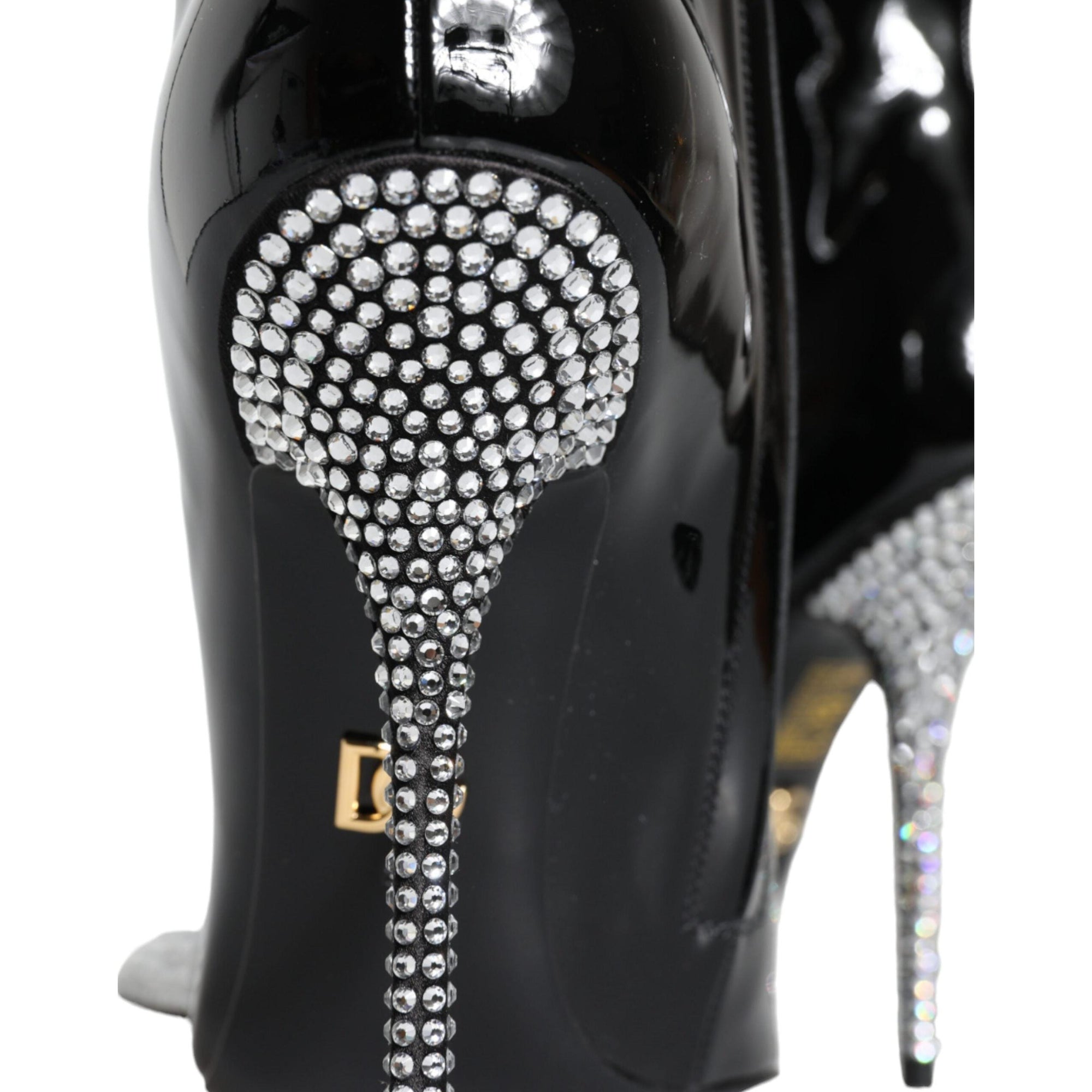 Dolce &amp; Gabbana Black Patent Leather Crystal Heel Boots Shoes