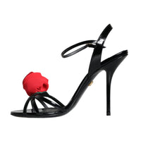 Dolce & Gabbana Black Leather Rose Ankle Strap Keira Sandals Shoes