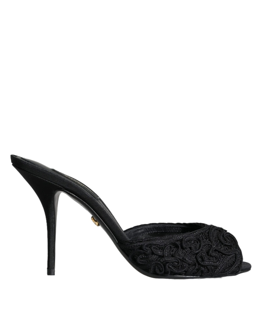 Dolce & Gabbana Black Keira Cordonetto Heels Slides Shoes