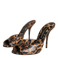 Dolce & Gabbana Brown Leopard Leather Slides Heels Sandals Shoes