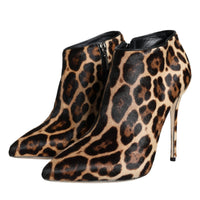 Dolce & Gabbana Brown Leopard Calf Fur Heels Ankle Boots Shoes