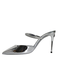 Dolce & Gabbana Silver Crystal Leather Slip On Sandals Shoes