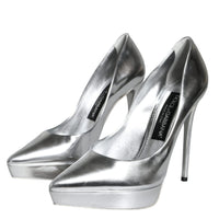 Dolce & Gabbana Silver Leather Platform Heels Pumps Shoes