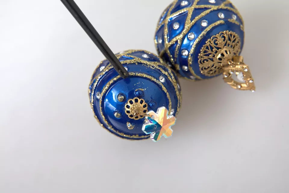 Dolce & Gabbana Gold Brass Blue Dangle Christmas Ball Crystal Clip On Earrings