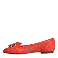 Dolce & Gabbana Coral Lace Crystal Ballet Flats Loafers Shoes