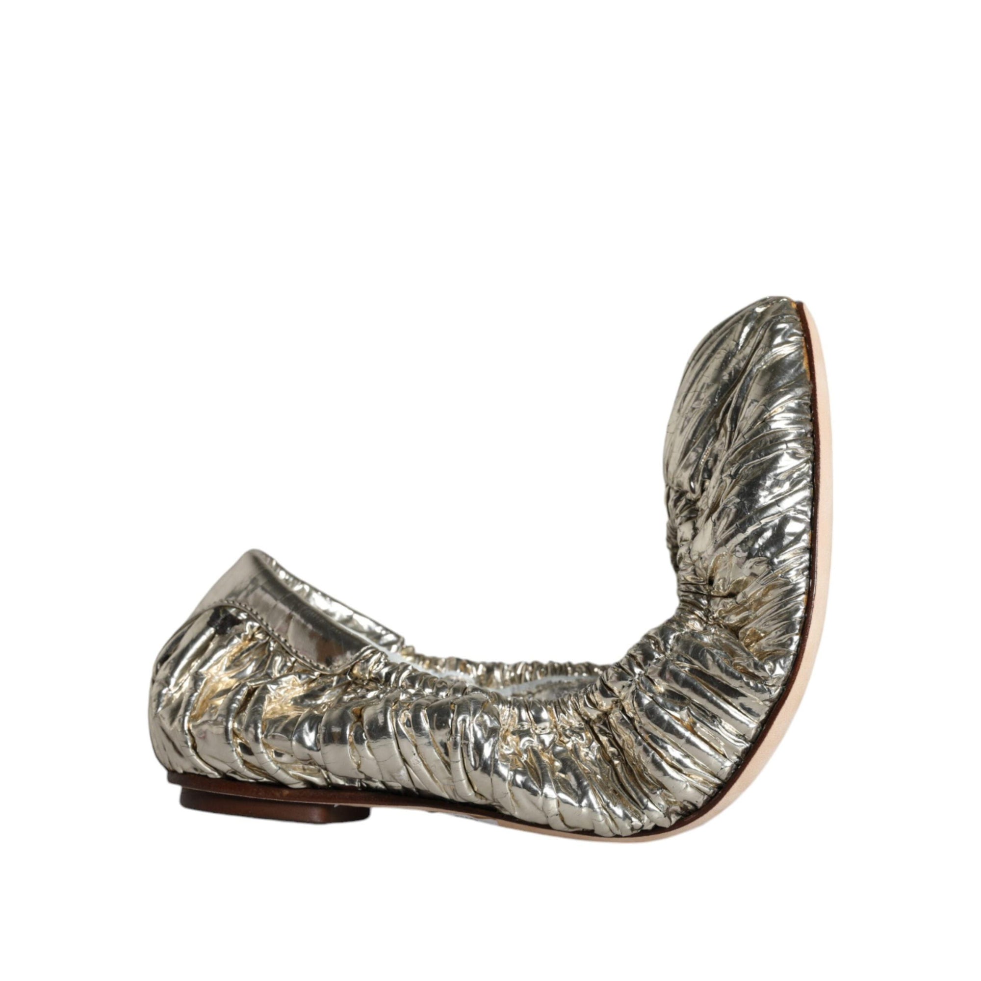 Dolce &amp; Gabbana Silver Patent Leather Scrunch Ballet Flats Shoes