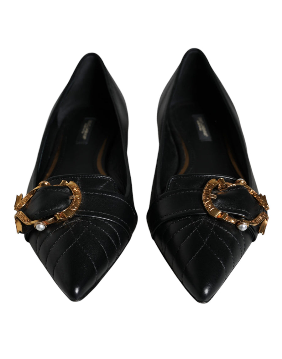 Dolce & Gabbana Black Devotion Leather Pointy Flats Shoes