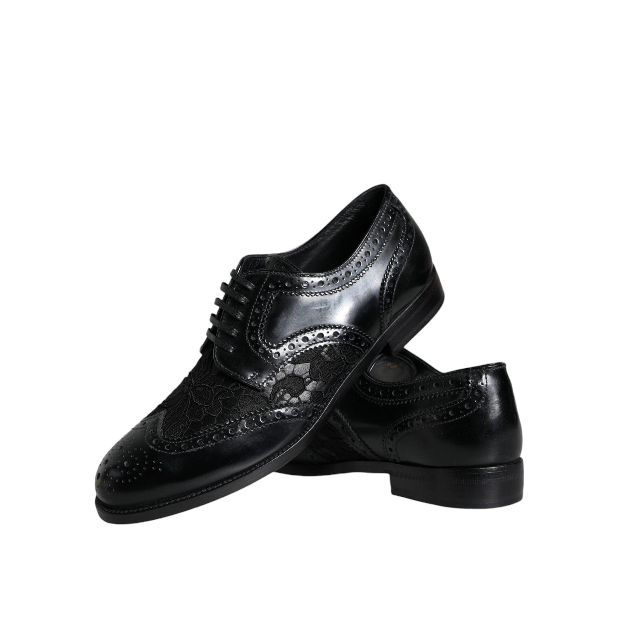 Dolce &amp; Gabbana Black Leather Floral Lace Dress Formal Shoes
