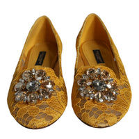 Dolce & Gabbana Mustard Lace Crystal Ballet Flats Loafer Shoes