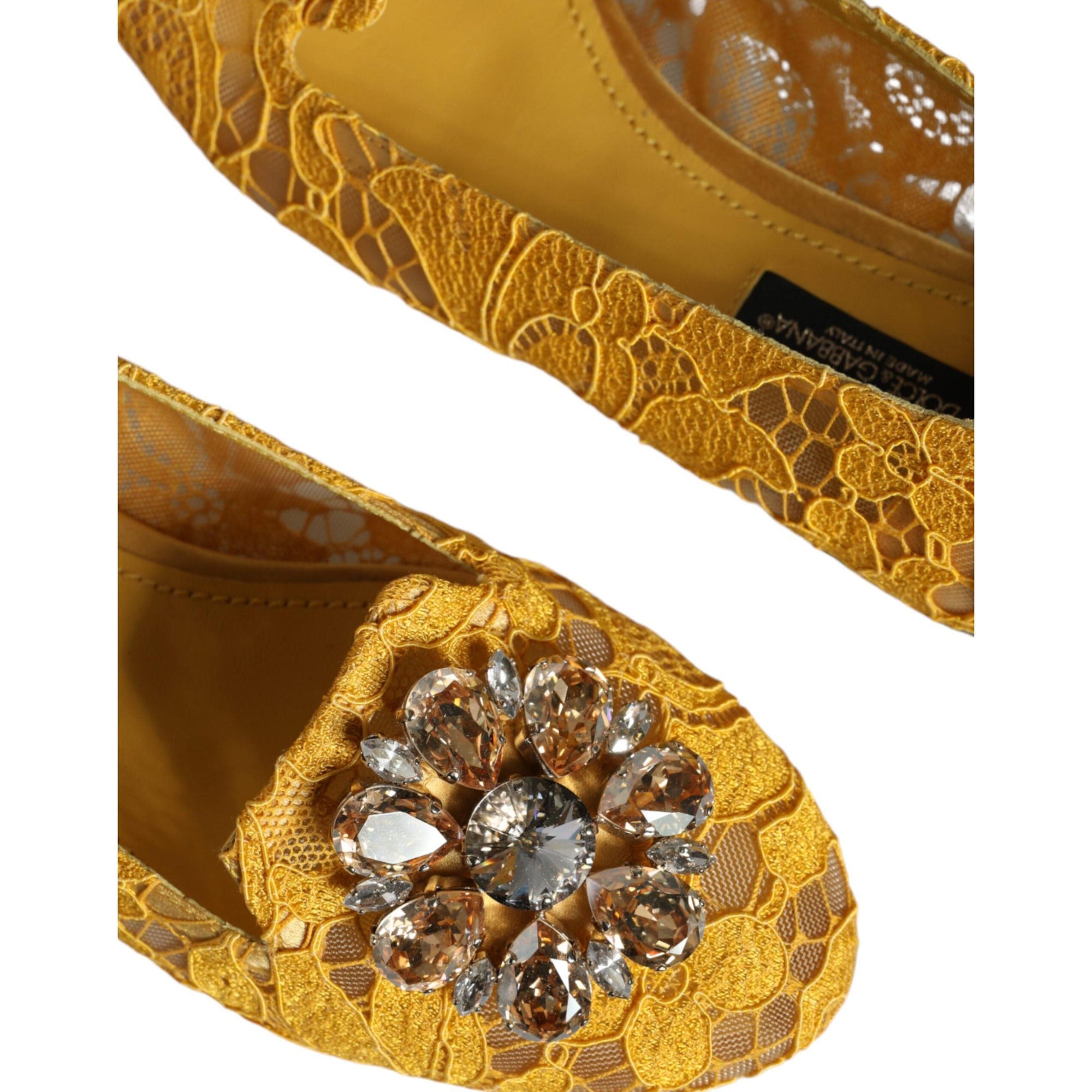 Dolce &amp; Gabbana Mustard Lace Crystal Ballet Flats Loafer Shoes