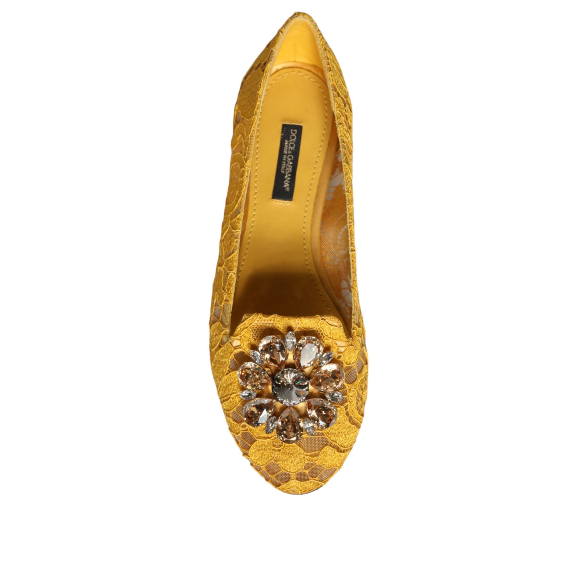 Dolce &amp; Gabbana Mustard Lace Crystal Ballet Flats Loafer Shoes