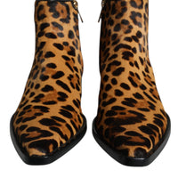 Dolce & Gabbana Brown Leopard Calf Fur Ankle Boots Shoes