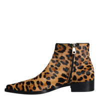 Dolce & Gabbana Brown Leopard Calf Fur Ankle Boots Shoes