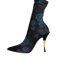 Dolce & Gabbana Black Floral Stretch Mid Calf Boots Shoes