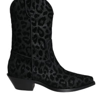 Dolce & Gabbana Black Gray Leopard Cowboy Boots Shoes